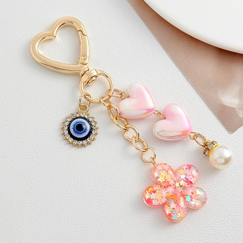 Pink Love Heart Key Chain Pearl Flower Pendant Key Ring Pendants For Women Girls Handbag Decor Jewelry Gift