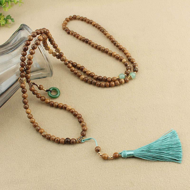 Chinese Style Ping An Buckle Beads Tassel Sweater Long Chain Necklaces Women Jewelry Accessries