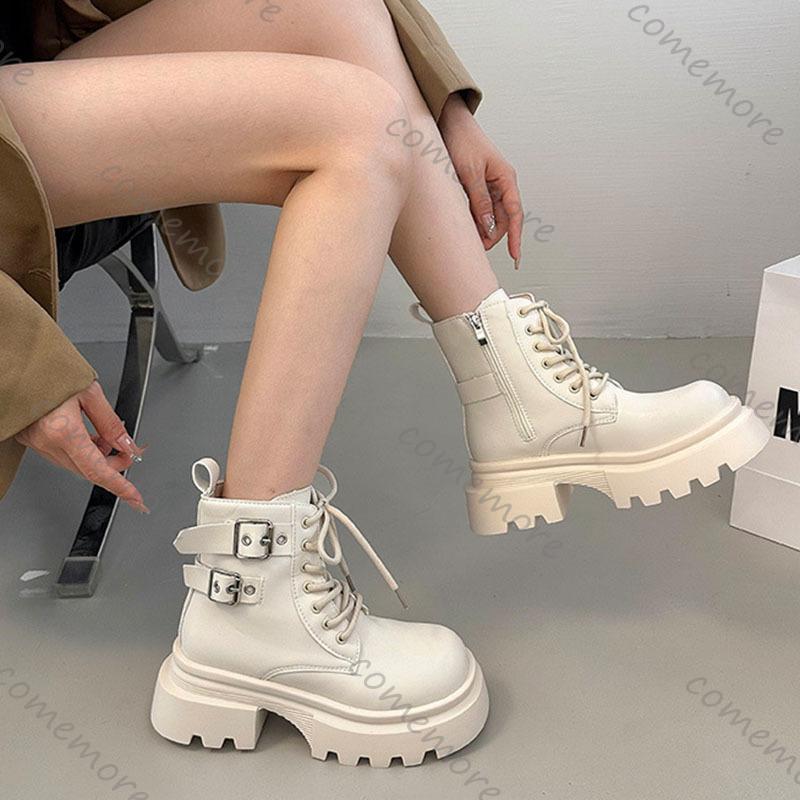 Fashion Comemore New Fashion Ankle Boots Female Belt Buckle Solid Color Autumn Thick Bottom Women Shoe Lace-up Middle Heel Botines Mijer
