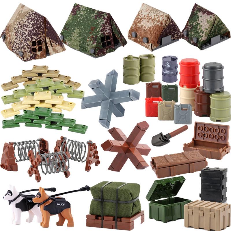 MOC Militärzubehör Bausteine Soldatenfiguren Sandsack Hund Hindernis Camouflage Zelt Schaufel Waffenbox Spielzeug Kinder J038