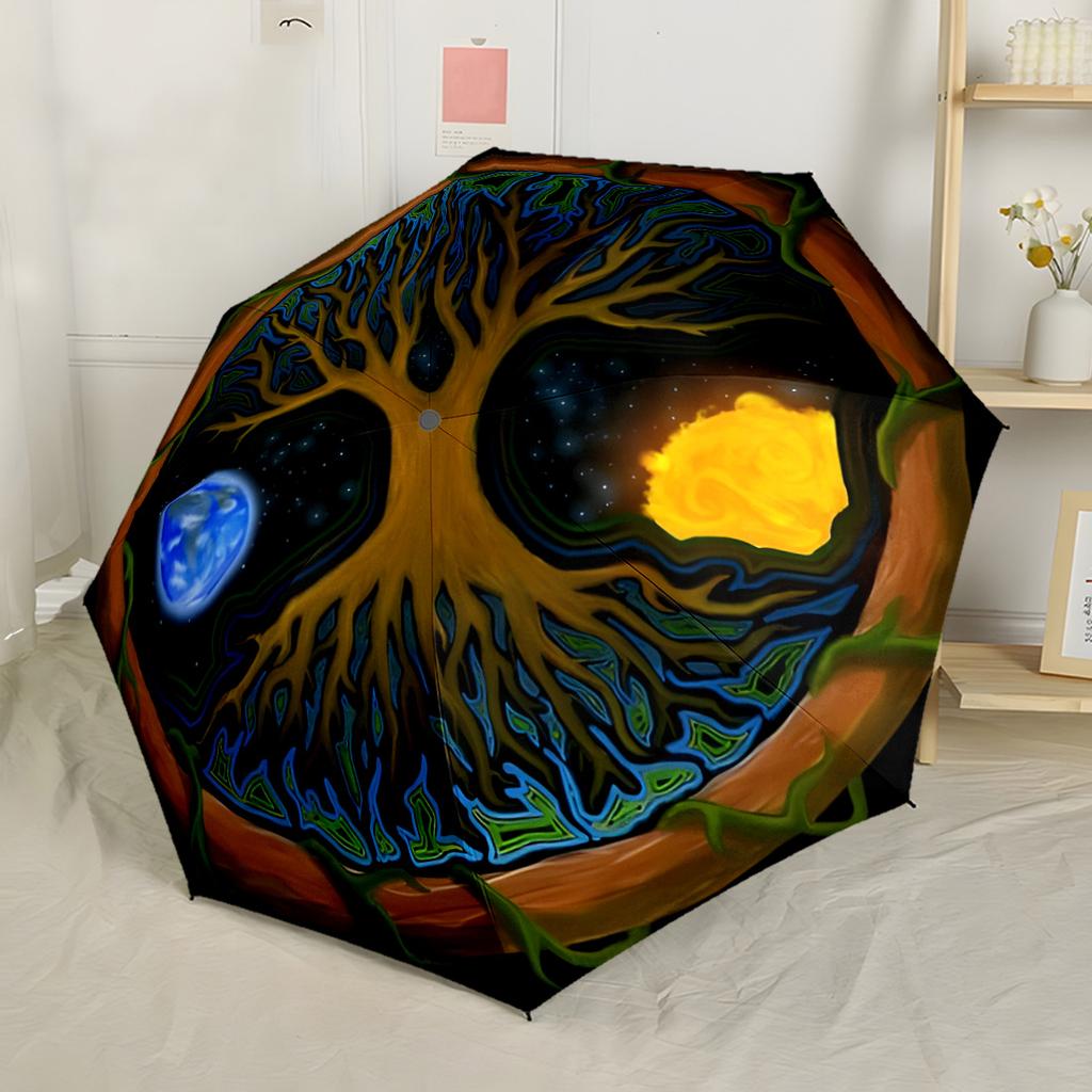Heiliger Baum Mandala Automatischer Regenschirm Stabiler 8-Speichen-Schaft Robuste Konstruktion für Damen/Herren Modefans Geschenk für Festivals