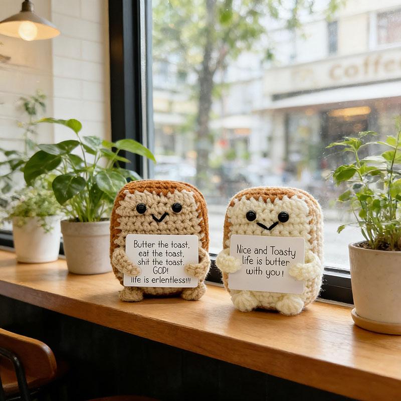 Handmade Crochet Toast Plush Emotional Support Funny Positive Gift for Friends Birthday Graduation Desktop Decor Ornament