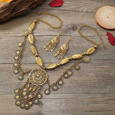 European and American Long Exaggerated Exotic Ethnic Style Alloy Coin Necklace Retro Clavicle Multi-Layer Necklace Sweater Chain Set