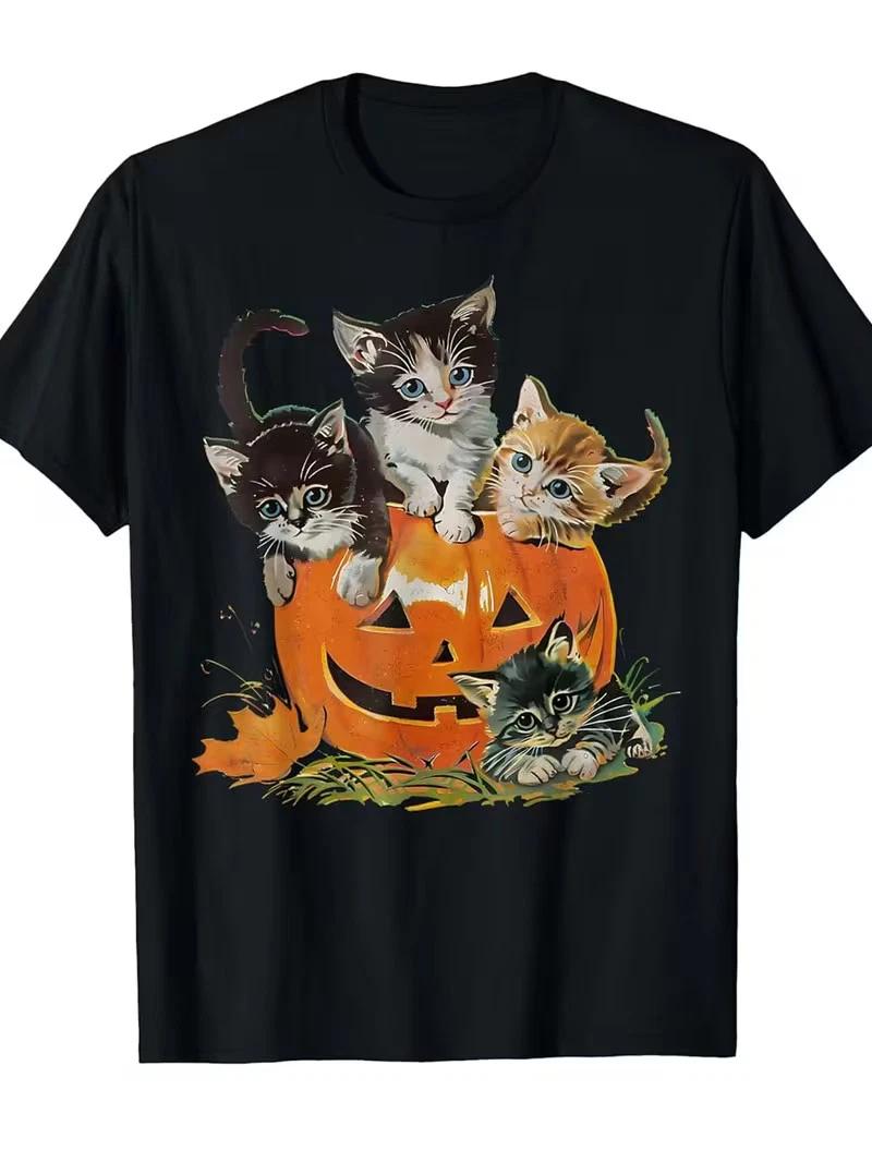 Men S Vintage 90s Halloween T-Shirt - Black Retro Cat & Pumpkin Graphic Tee - So L