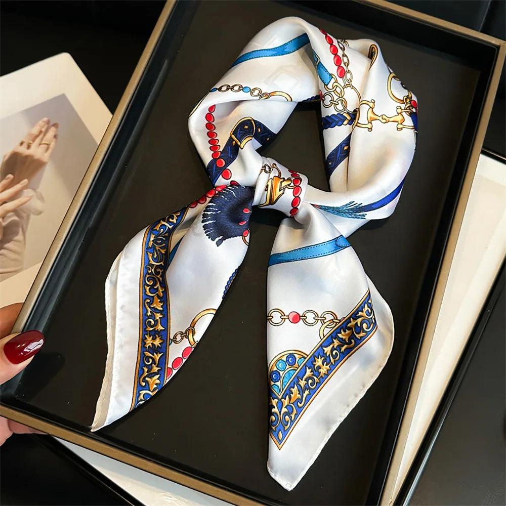 27.5" Simple Seagull Printed Square Scarf Stylish Imitation Silk Satin Shawl Spring Autumn Thin Sunscreen Headscarf For Women