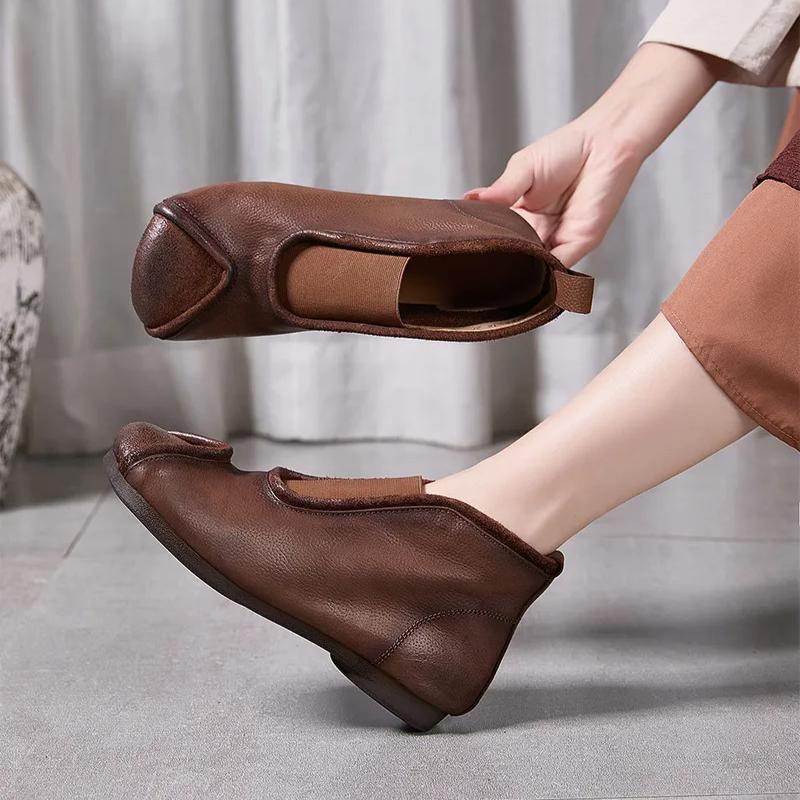 Johnature Handmade Vintage Genuine Leather Flat Ankle Boots Round Toe Soft Cowhide Women's Slip-on Shoes