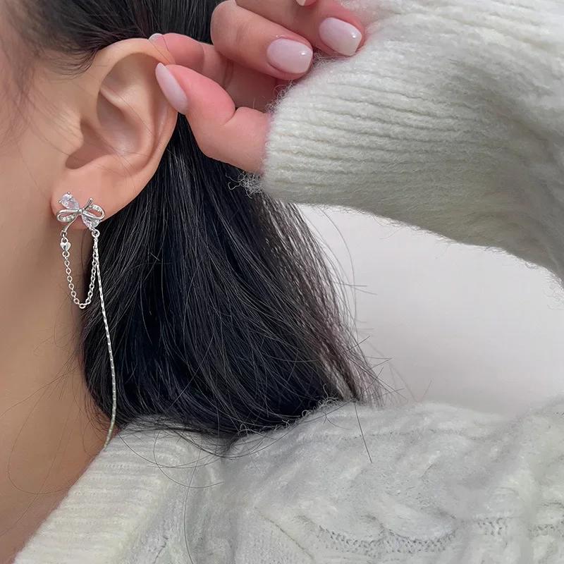Korean 925 Sterling Silver Crystal Bowknot Long Crystal Stud Earrings For Women Wedding Party Jewelry Gift Female Pendientes