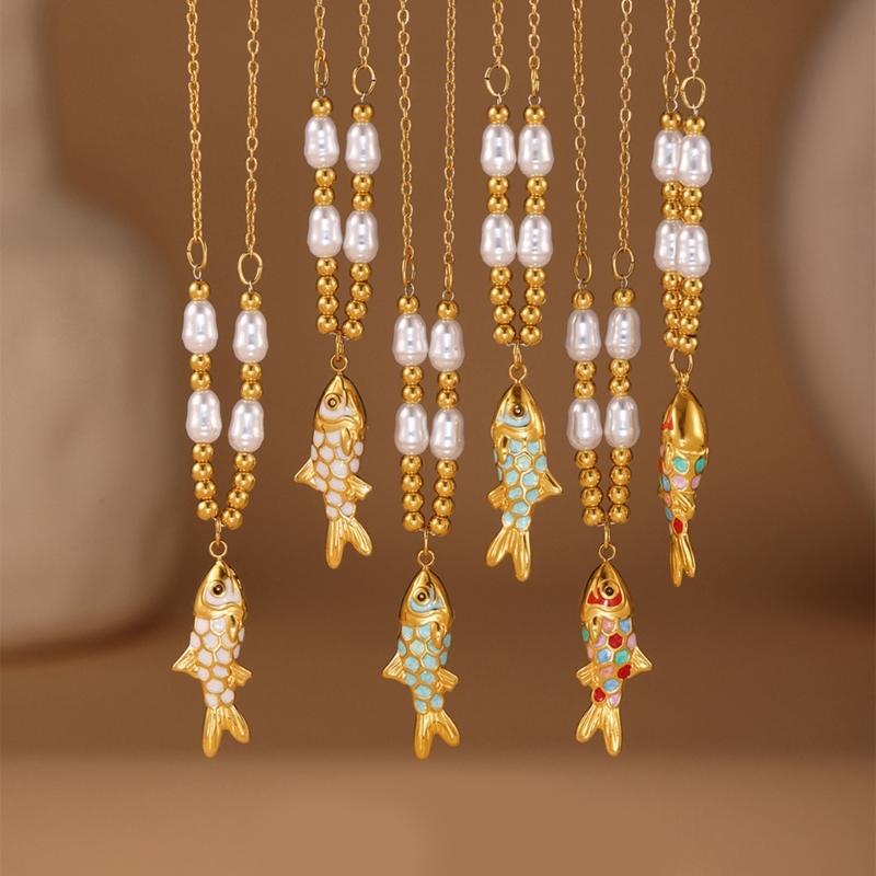 Elegant Pearls Fish Pendant Necklace In Silver Or Gold For Daily Wear And Gift Giving
