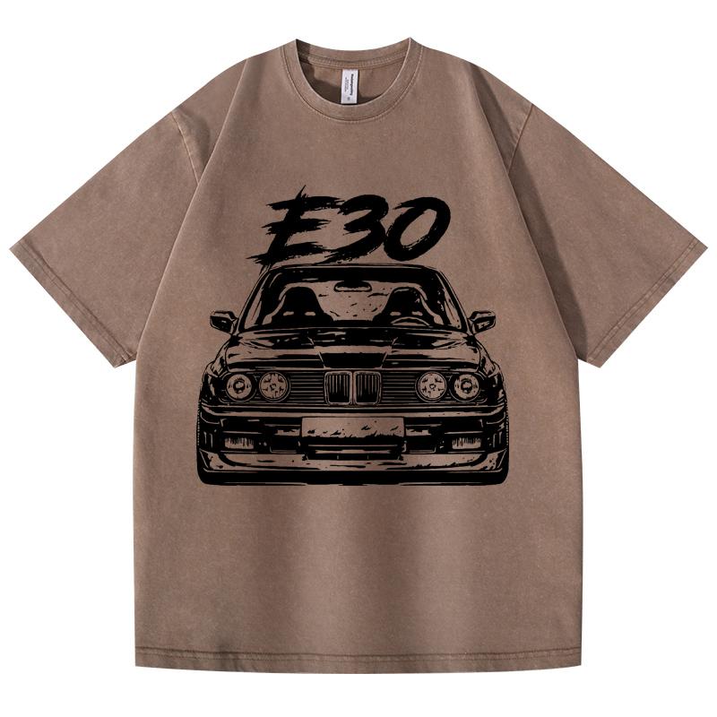 Retro Vasket Vintage T-skjorte E30 Bil 100% Bomull T-skjorte Fleece Tykk Varm Dame Herre Hip Hop Trykket Rund hals T-skjorte