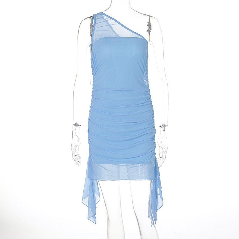 

Western Style 2024 Summer New Sloping Shoulder Mesh Sheath Sexy Slim fit Sleeveless Dress Foreign Trade Women clothes Blue L