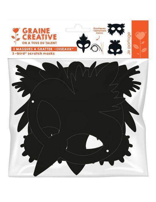 3 Masques plats à gratter en carton Oiseaux - Noir