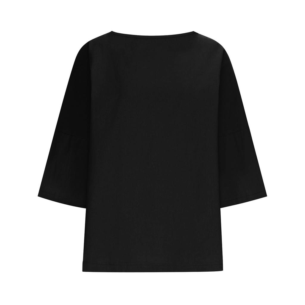 Damenmode Einfarbiges Lässiges T-Shirt Siebenärmel Rundhals Baumwoll-Top