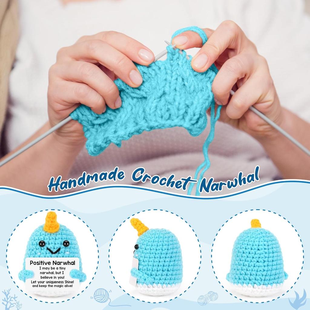 Handmade Knitted Positive Narwhal Doll With Card Home Room Decor Crochet Emotional Inspirational Support Narwhal Desk Ornament
