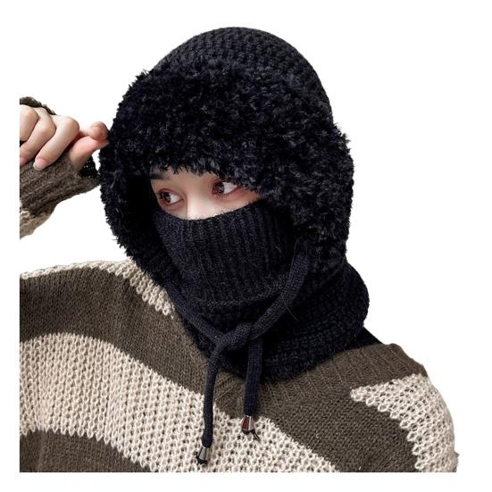 Gestrickte Kopfbedeckung Einfarbig 3-in-1 Damen Strickmütze Schal Gesichtsschutz Winddicht Skifahren Wandern Fleecegefüttert Winter Stirnband