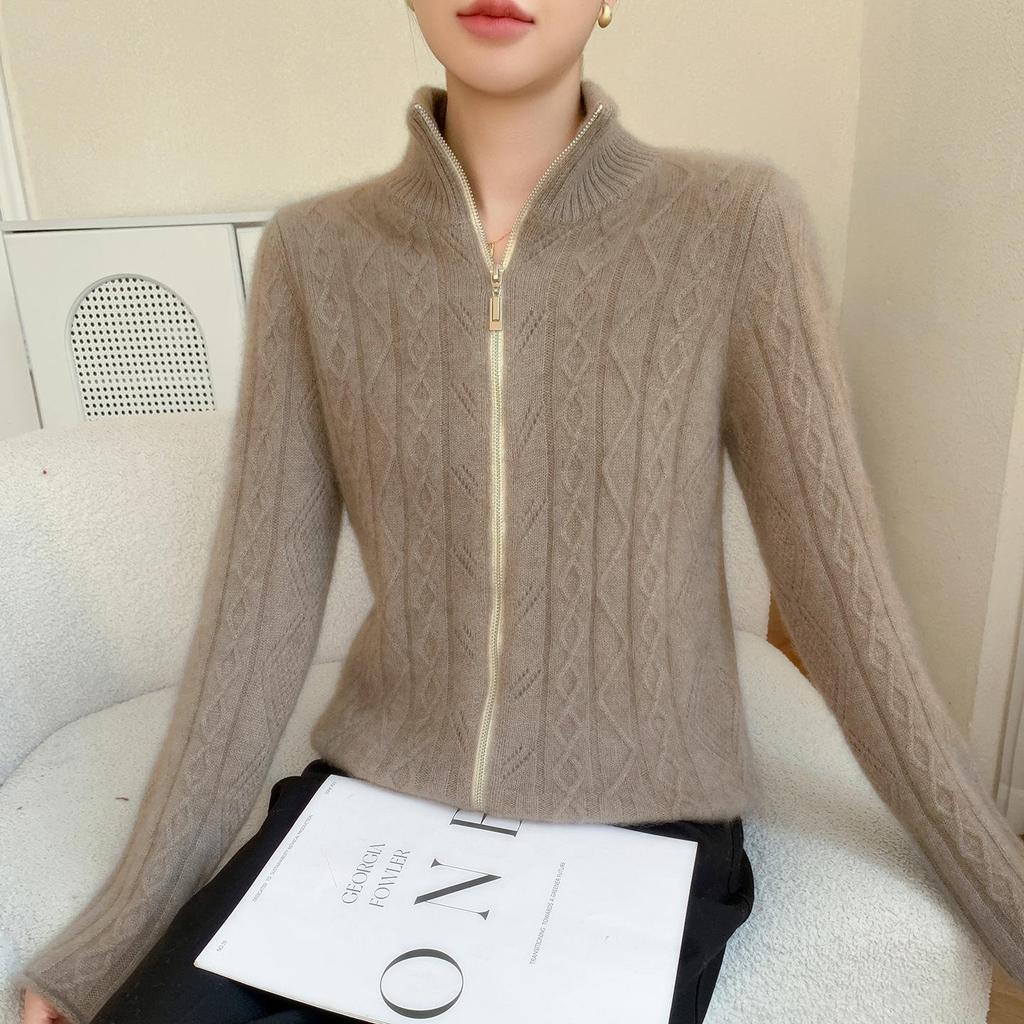 Women's High-End Cashmere Stand Collar Jacquard Zipper Cardigan Sweater - Autumn/Winter Loose Style.