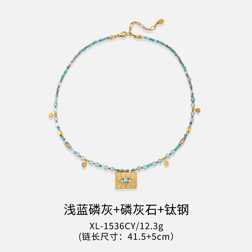 GEMCHIC Women s Evil Eye Natural Stone Necklace, Bohemian Apatite Beaded Collar Chain with Gold Plated Titanium Steel Pendant for Beach Vacation