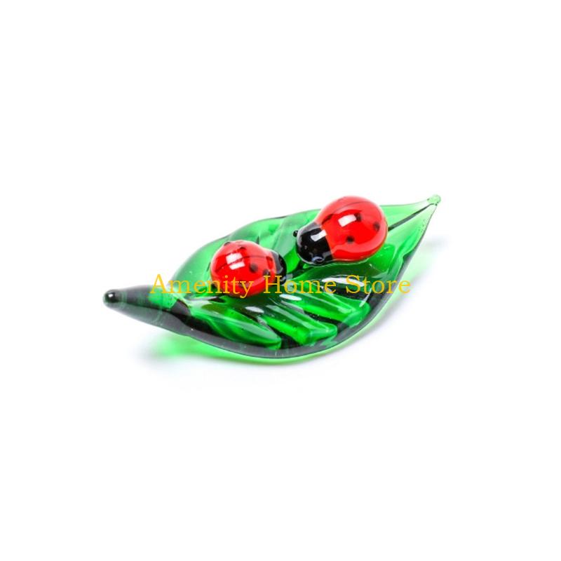 F26C Art Glass Insect Miniature Animals Collection Glass Green Leaf Ladybugs Ants Figurine Tabletop Ornament Home Office Decors
