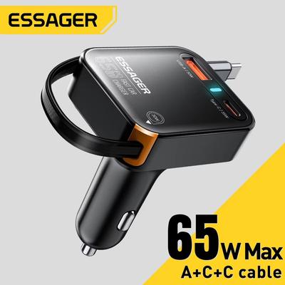 65W USB C Car Charger 3 Ports with Retractable Cable PD3.0 QC3.0 30W Fast Charging for iPhone 16 15 iPad Samsung Xiaomi