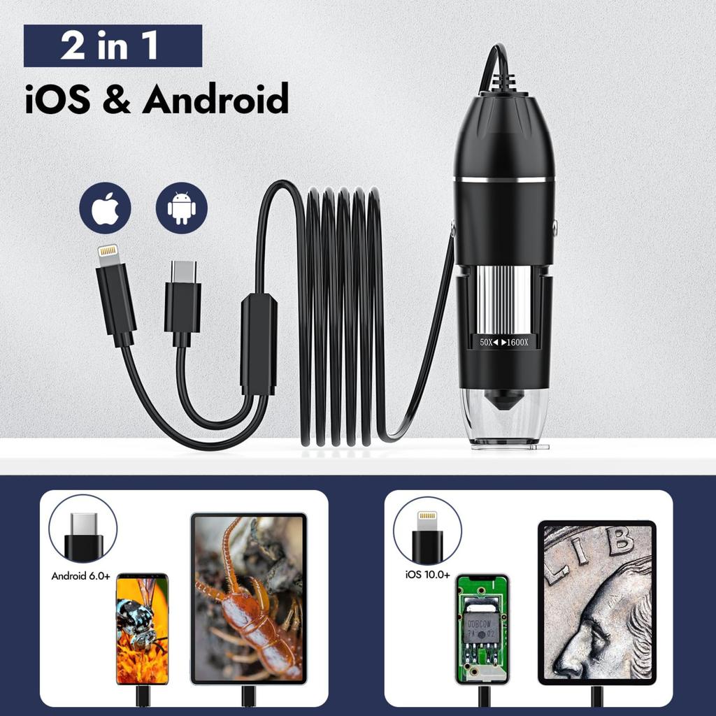USB Digital Microscope, Handheld HD Inspection Camera with Adjustable Stand, 50x-1600x Magnification, 8 LED Lights, Compatible with iOS and Android