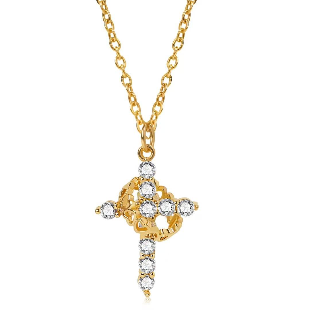 

European American Rotating Zircon Crown Cross Pendant Necklace золотий