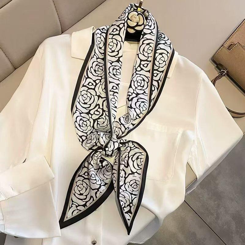 Fashion Blue Print Silk Scarf Women Soft Satin Horse Hairband Bevel Neckerchief Office Hijab Headband Foulard Bag Ribbons Gift