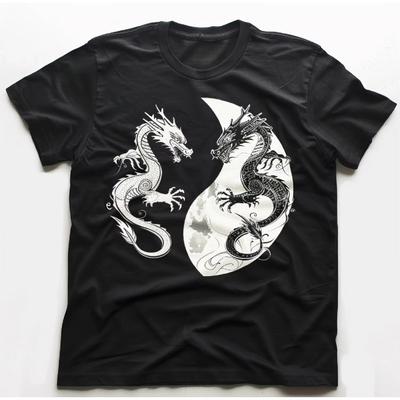 Svart T-shirt med dubbel drakbrodyr Yin & Yang-drakar Herrkläder Egentryckt Streetwear Grafiska T-shirts Harajuku