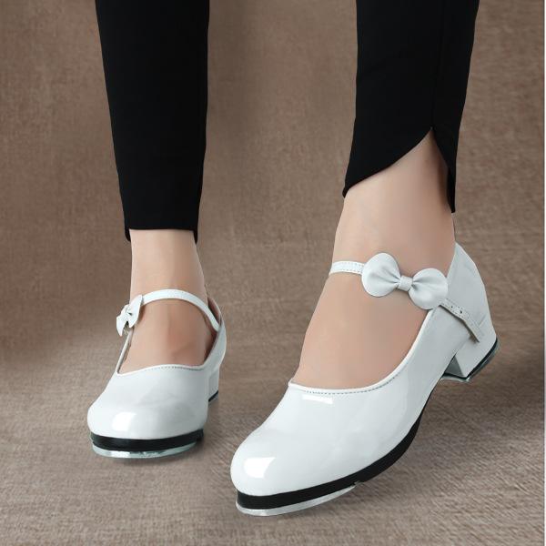 

New Women Girls Tap Dance Shoes Shiny Patent PU Leather Laced Glossy Bow Tie Kids Tap Shoes Teacher Stage Dance Shoes 26 белый