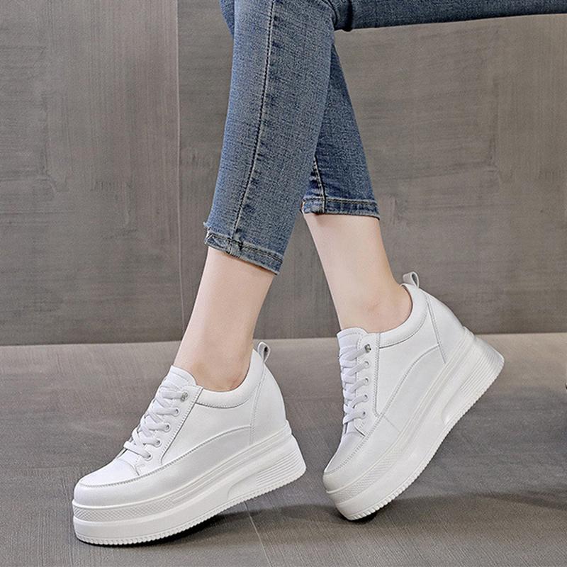 100% pravá kožená obuv, dámské módní tenisky, značkové dámské ploché boty na platformě, zvětšující výšku 8 cm, černé a bílé