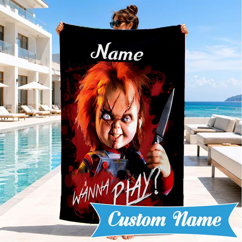 Custom Name Chucky's Bloody Invitation Beach Towel Microfiber Beach Towel, Lightweight and Quick-Dry, for Summer Travel, Swimming Pool Gift