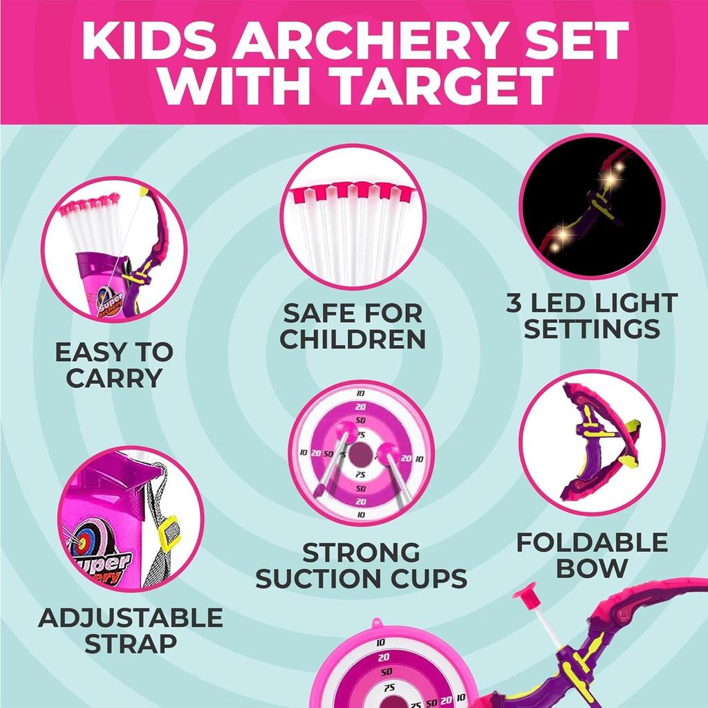 Kids Shooting Set Bow and Arrow Set with Flashing Pink LED Lights Arrow Rack Target and Quiver Hunting Chain for Boys Girls