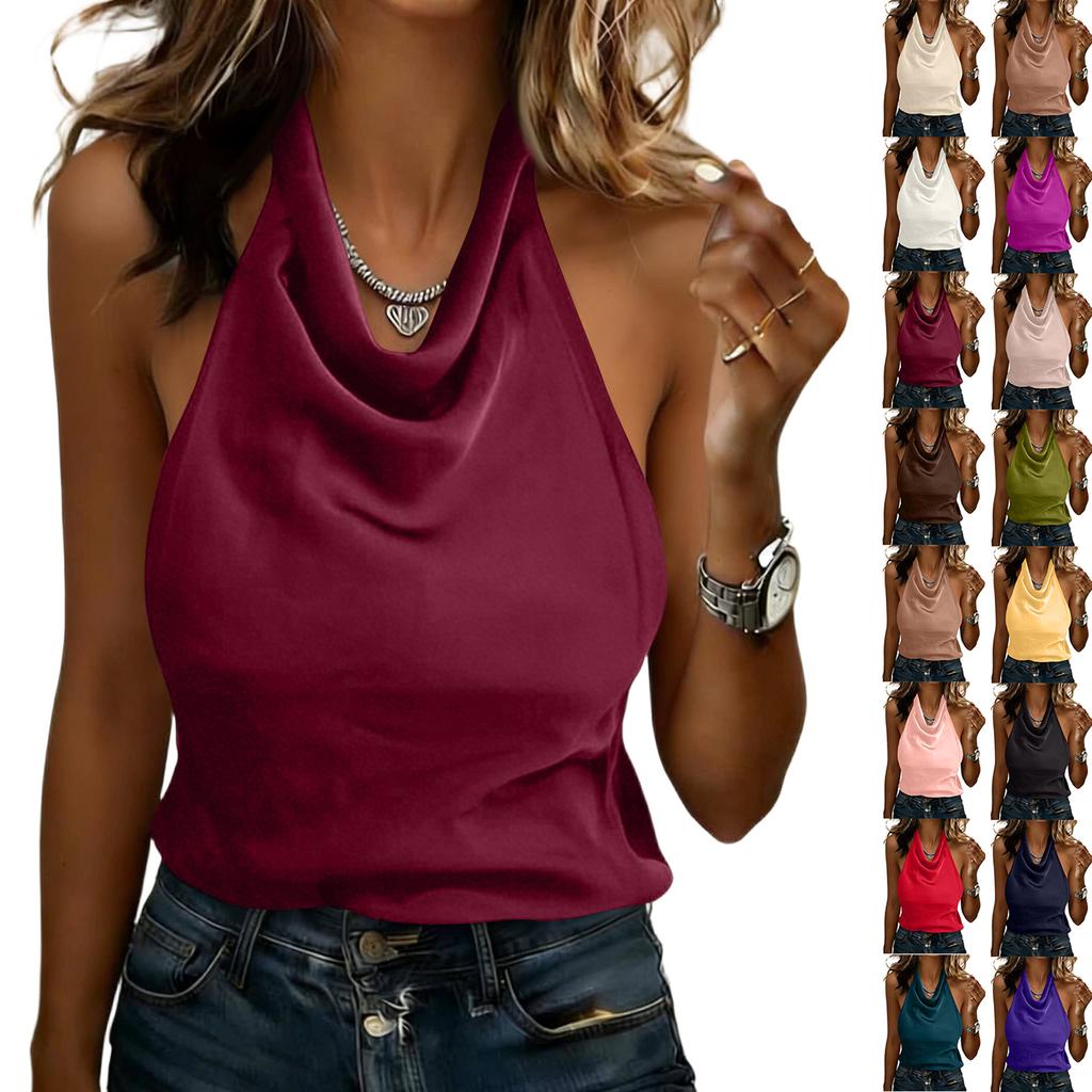 Womens Halter Neck Sleeveless Satin Cowl Neck Blouse Relaxed Fit Backless Top for Casual Daily Wear