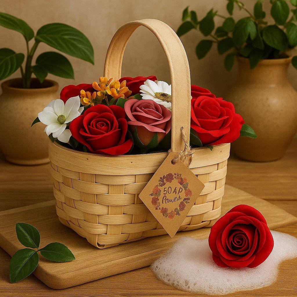 Soap Flower Bouquet Large Red Wicker Basket