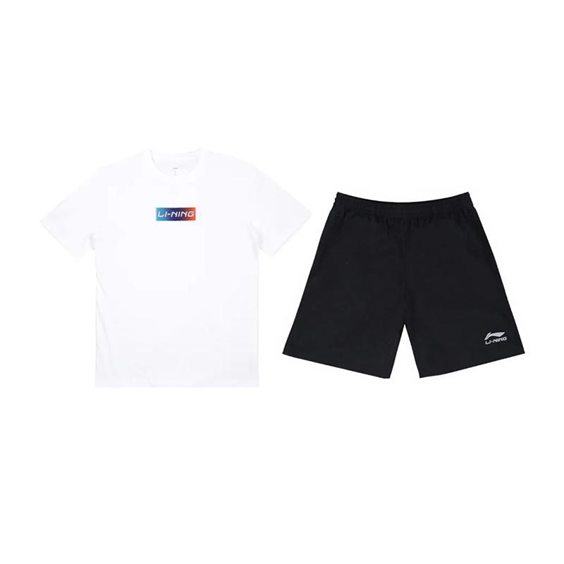 Li-Ning Gradient Letter Logo Print Fashion Design Versatile Round Neck Pullover Short Sleeve T-Shirt Casual Sports Set Unisex Tops YHST171-1+YKSV147-2