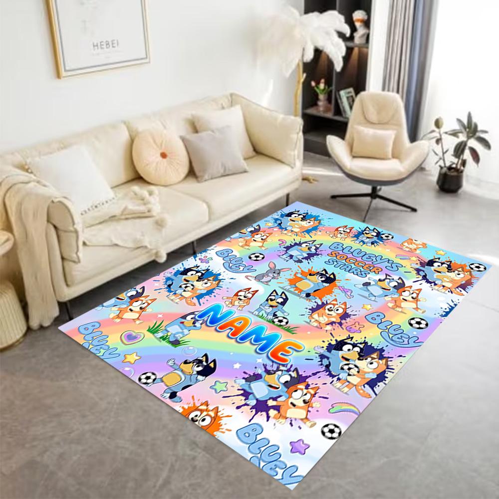 Bluey's Soccer Fun Customized Name Floor Rug Office Rug Suitable for Bedrooms Playrooms Kitchen Dormitory Anti-slip Rug Decorate Offices