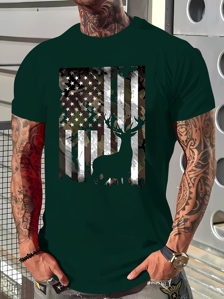 Patriotic Deer Print T-Shirt - 95%  5% Spandex, Crew Neck, Short Sleeve, Regular Fit - Summer Knit Fabric Tee, 180gsm