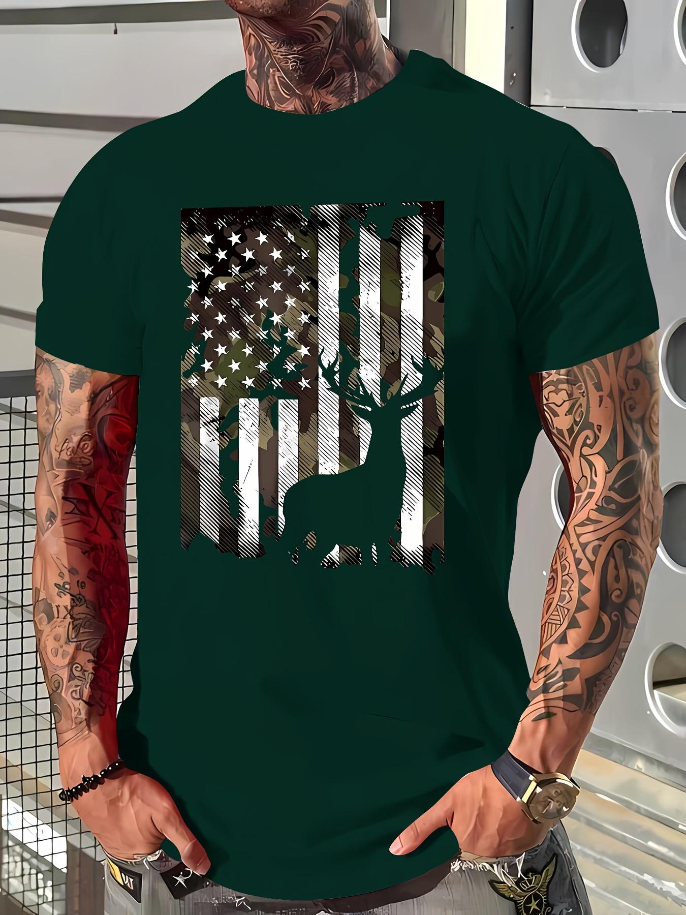 

Футболка с патриотическим принтом оленя - 95% 5% спандекс, круглый вырез, короткий рукав, стандартный крой - летняя трикотажная футболка, 180 г/м² XXXXXL синий