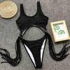 Fringe Women Swimwear Tummy Cut Out One Piece Swimsuit Female Tassel Bather High Cut Bathing Suit Swim Wear Lady