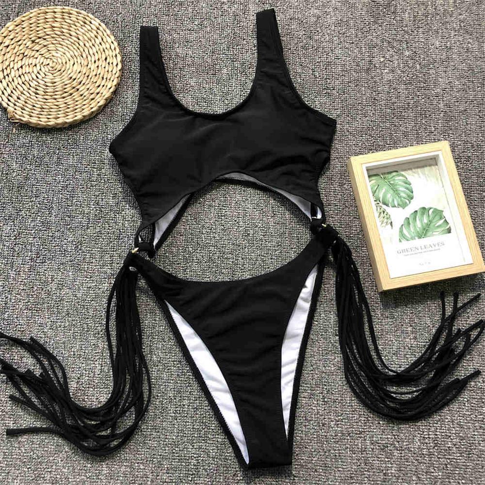 Fringe Women Swimwear Tummy Cut Out One Piece Swimsuit Female Tassel Bather High Cut Bathing Suit Swim Wear Lady