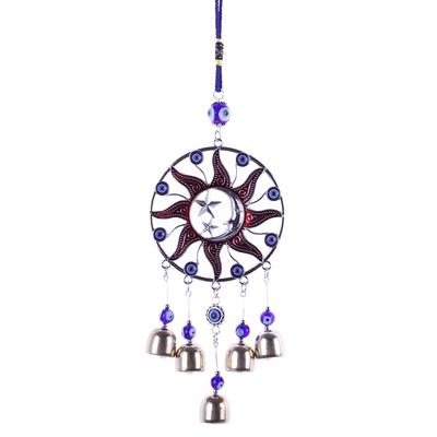Turkiye Blue Eyes Alloy Sun Star Moon Pendant with Bell Charm Wind Chimes for Home Garden Hanging Wall Decoration Lucky Amulet