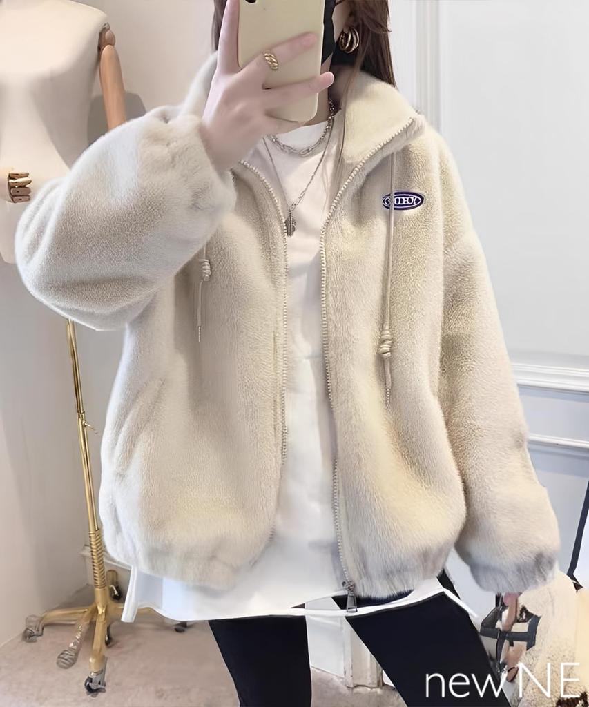 Newne Lined Boa Fluffy and Thick Long Medium Cold Relaxed Mori Girl Solid Women's Jacket, Warm, Windproof, Zip-Up Top, Outerwear, Casual, Sleeve,