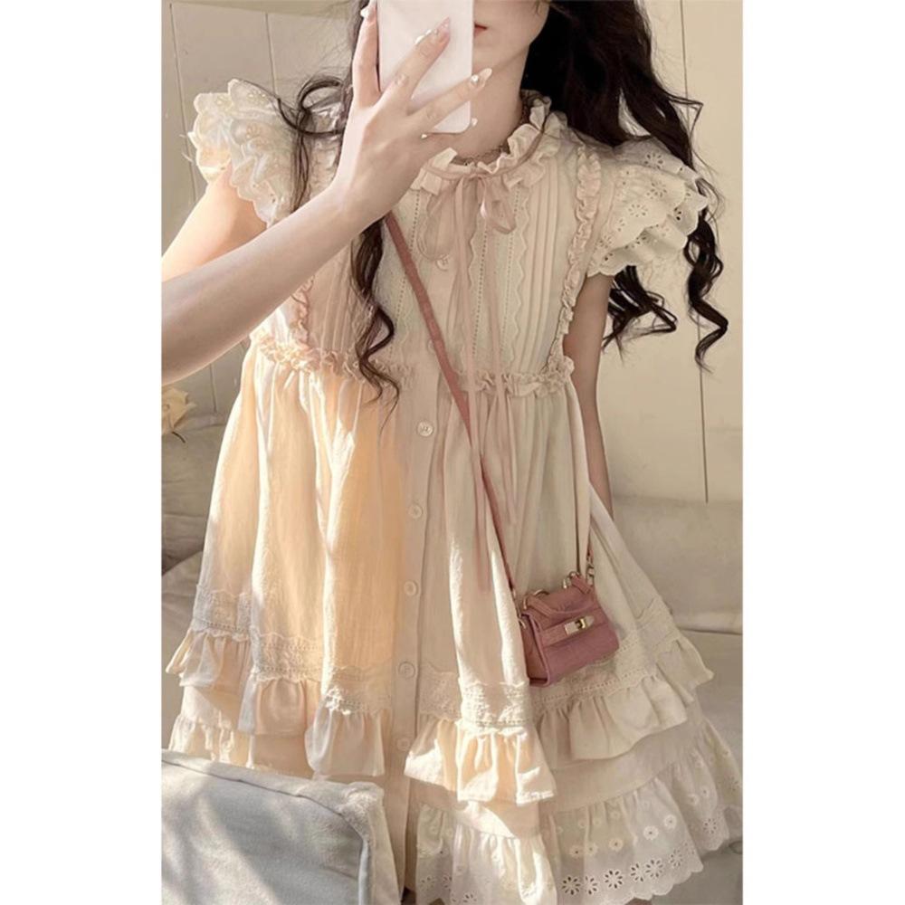 Vestidos Mini Lolita Kawaii de Verano para Mujer Manga Volante Vestido Dulce Lindo Japonés Femenino Estilo Coreano Fruncido Hada Vestido de Fiesta