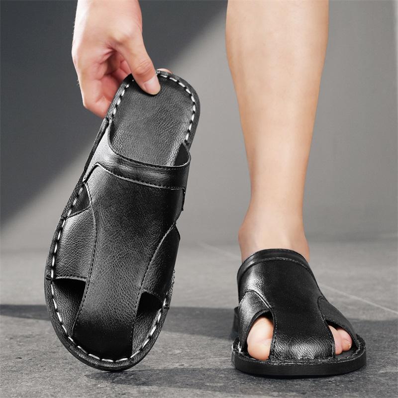 Men Slippers Handmade Simple Flats Brown Leather Sandals Black Summer Roman Sandals Closed Toe Beach Shoes Plus Size
