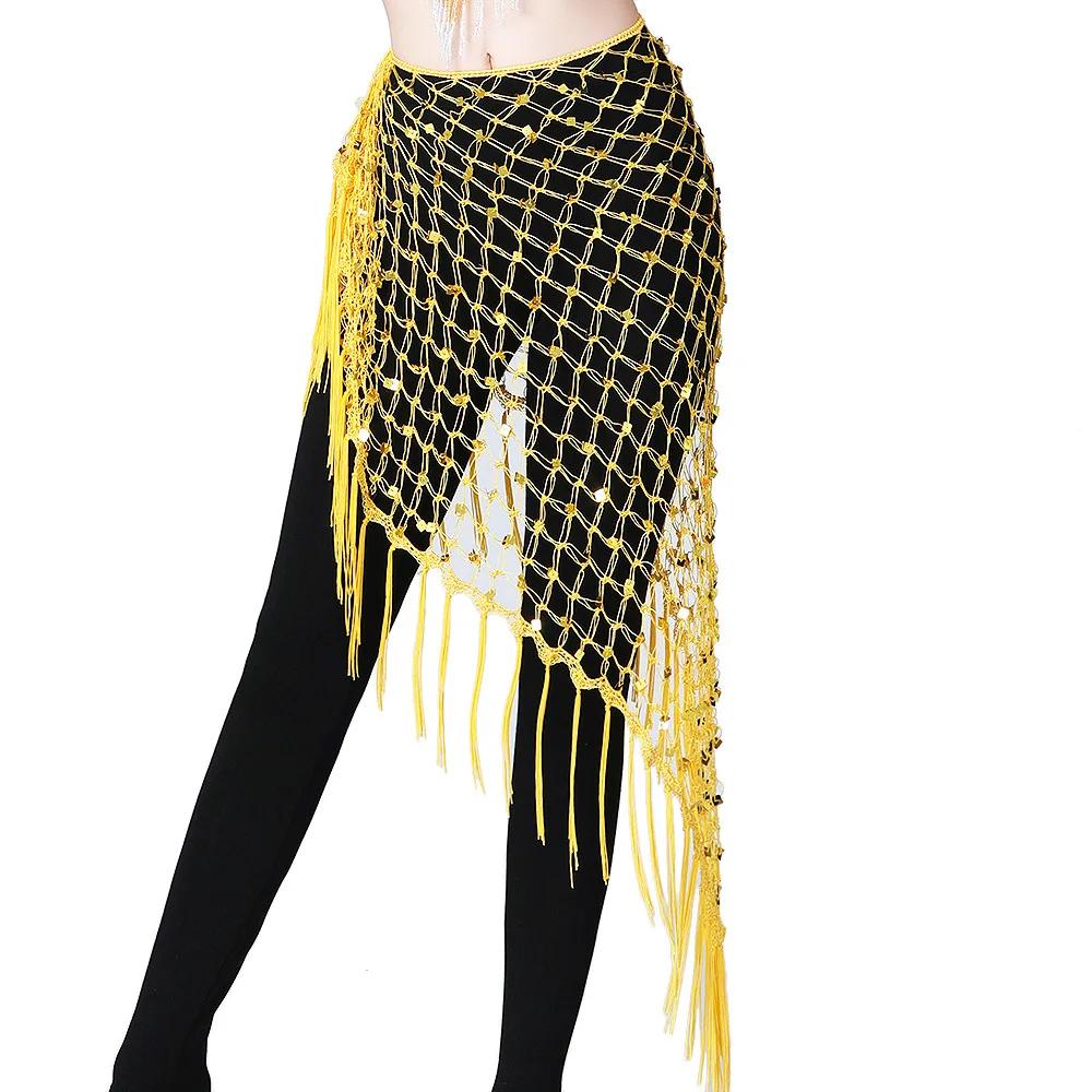 BellyDance Accessories for Women Long Tassel Belt Elastic Triangle of Hand Crochet Belly Dancing Hip Scarf Sequins Girls Belt
