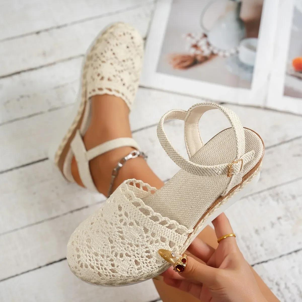 

Модные сандалии эспадрильи под закрытый носок эспадто-браслет на щиколотку с деталью из текстильного кружева с пряжкой женская танкетка из эспадто и платформа 36 бежевый