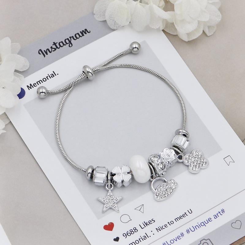Adjustable Chain Link Diamond Beaded Four Leaf Clover Lucky Charm Bracelet Light Luxury DIY Jewelry Accessory
