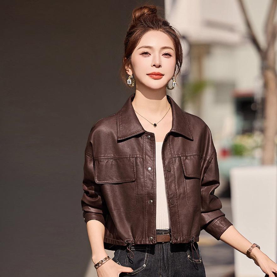 Leather Jacket Women's New Autumn Casual Soft Leather Jacket Short Loose Casual Washed Leather Motorcycle Suit