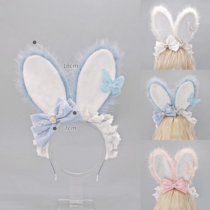 Lolita Lace Bow Bunny Ear Headband Anime Convention Animal Ear Hairband Cute Plush Bunny Ears KC Headwear Cosplay Accessories