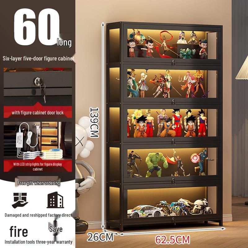 Acrylic Lockable Display Case with LED Lights for Figurines and Models, Dustproof Transparent Stand