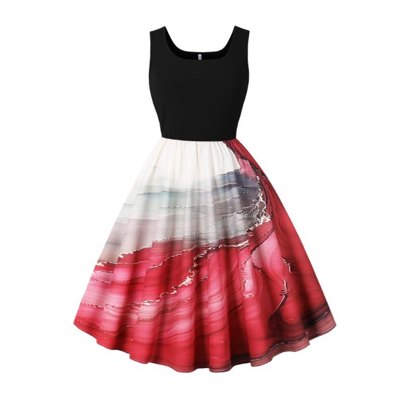 Summer new retro vest collar sleeveless black spelling print pendulum dress