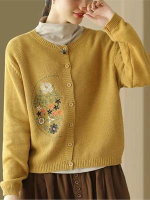 Women Vintage Embroidery Floral Sweaters Cardigan Button O-Neck Long Sleeve Knitted Cotton Spring Soft Sweaters